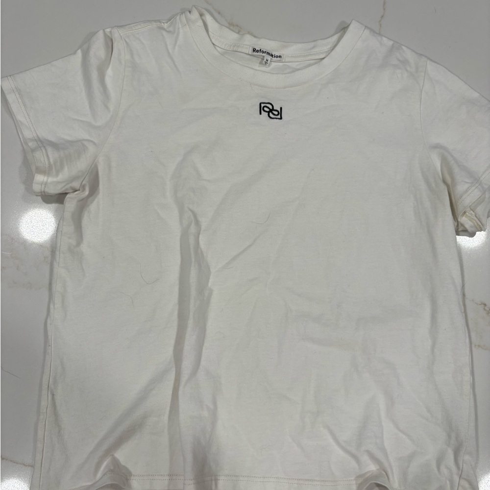 Reformation White Short-Sleeve Tee with Small Black Logo